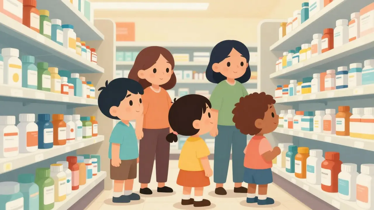 Family shopping for generic medicine in a pharmacy