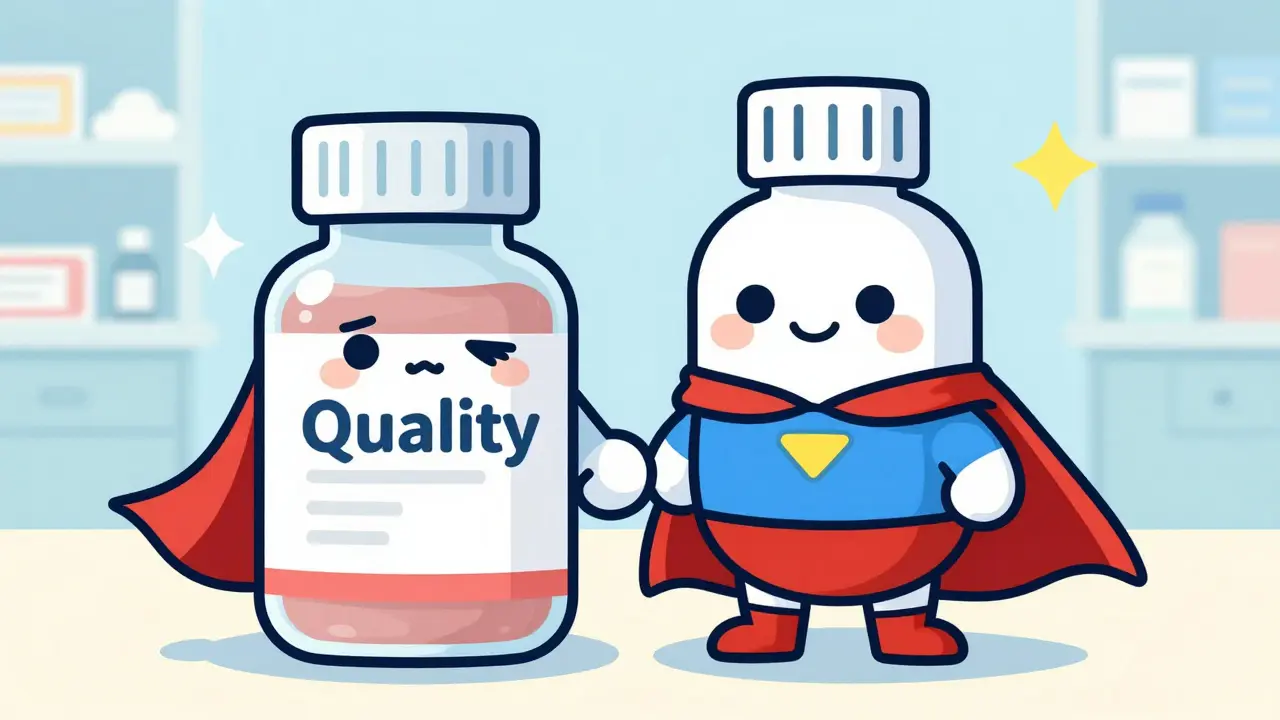 Generic and brand pills shown as equal superheroes