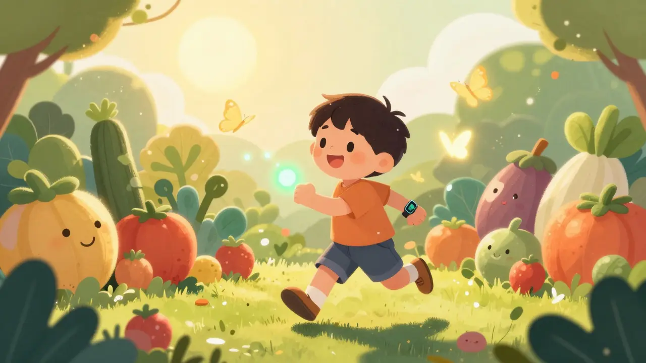 Happy child running in a garden with a glowing health-monitoring watch.
