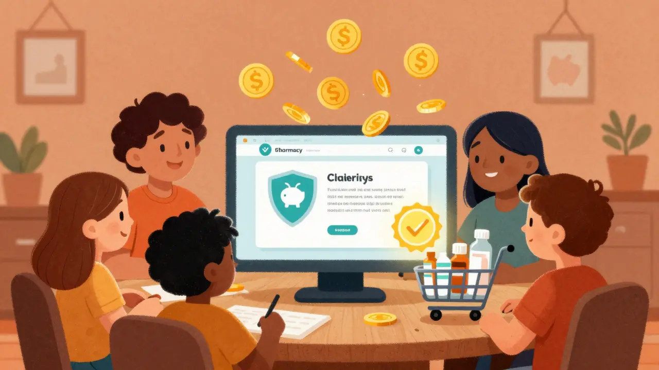 Happy family saving money using secure online pharmacy portal