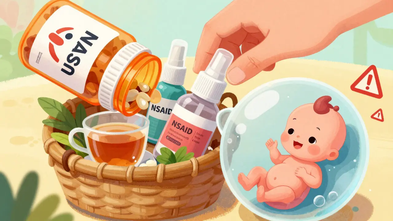 Illustration of avoiding NSAIDs and choosing safe pregnancy remedies