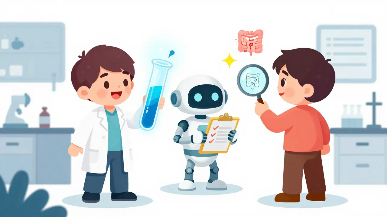 Illustration of scientists managing insulin and enzymes in a bright lab setting.