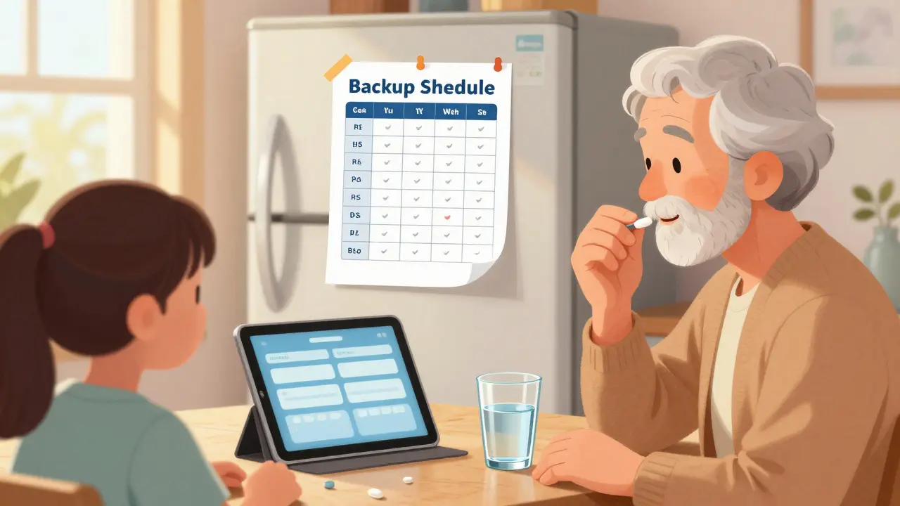 Peaceful senior taking medication with a printed backup schedule nearby, showing consistent care.