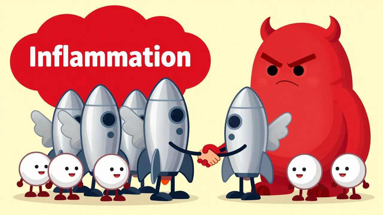 Pill and rocket medicine characters teaming up against inflammation