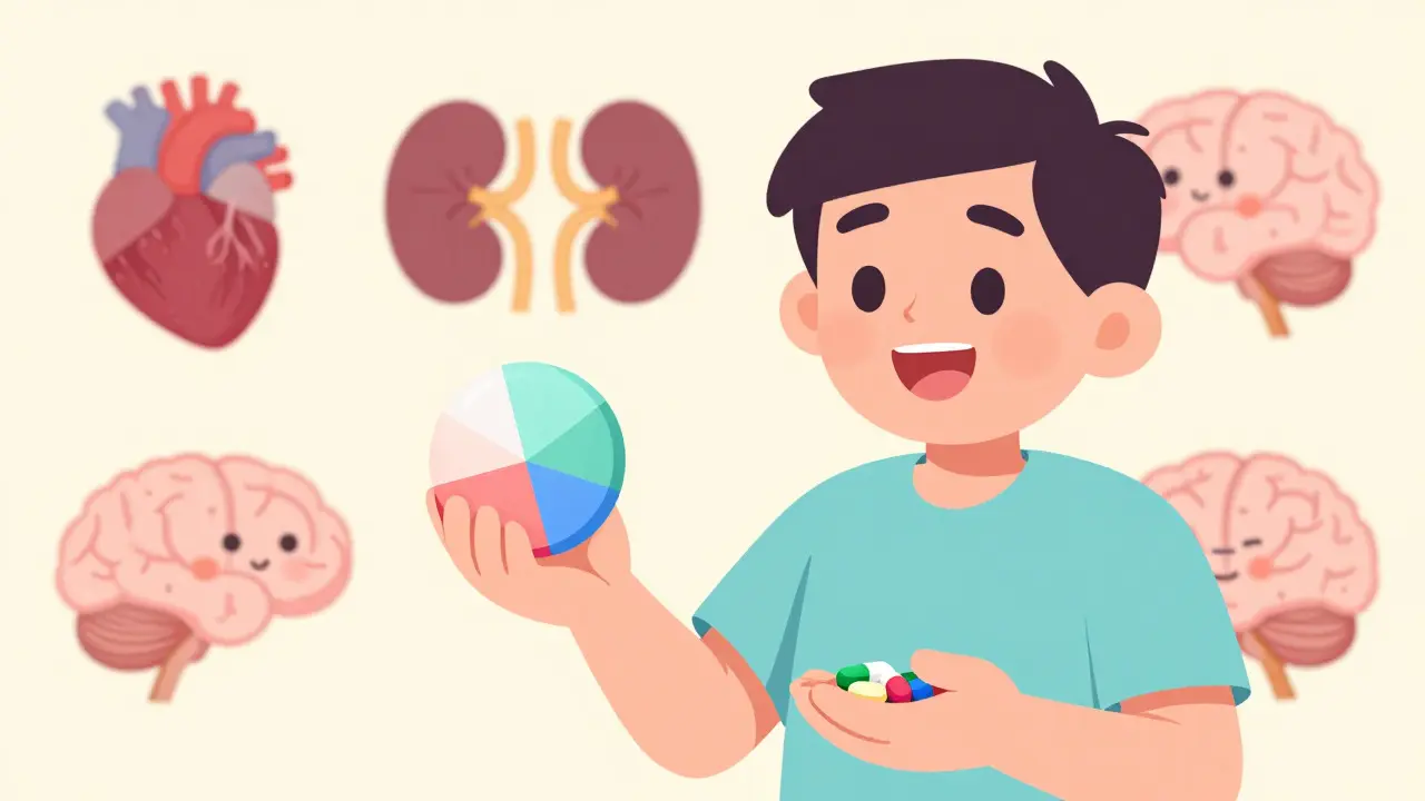 A happy cartoon character holding a single polypill, emphasizing easier medication adherence for patients.