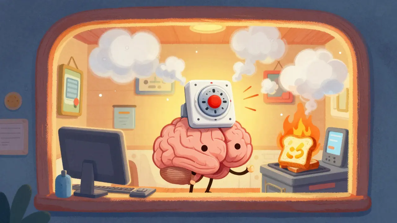 Brain as a control room with an overly sensitive smoke alarm going off for toast.