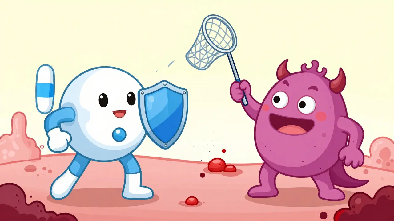 Cartoon medicine heroes defeating a disease monster from different angles, illustrating complementary mechanisms of action.
