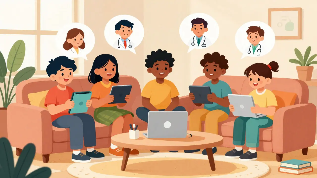 Cartoon of people consulting doctors via video calls on tablets for prescriptions.