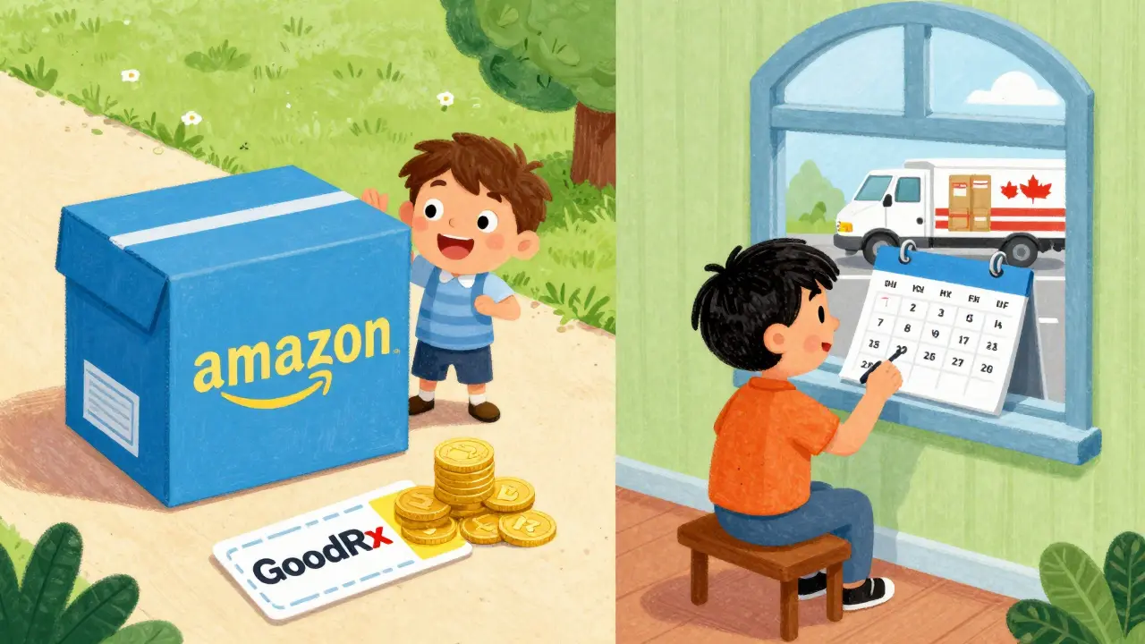 Cartoon showing comparison between fast US delivery and cheaper Canadian shipping options
