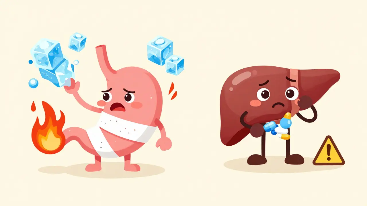 Cartoon stomach and liver characters illustrating medication side effects