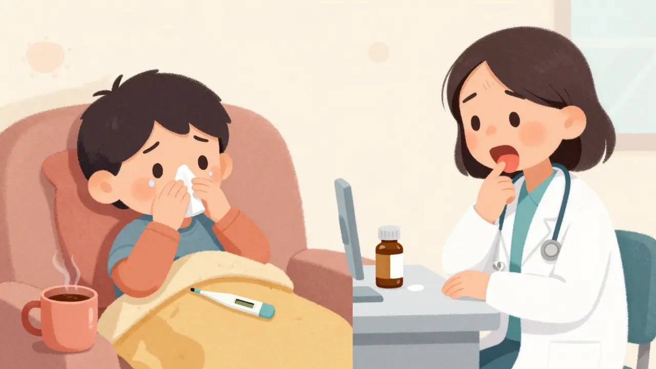 Child resting with cold vs patient getting prescription