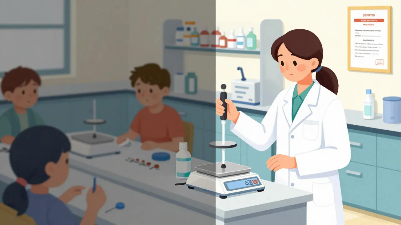 Contrast between unsafe mixing and precise pharmacy lab