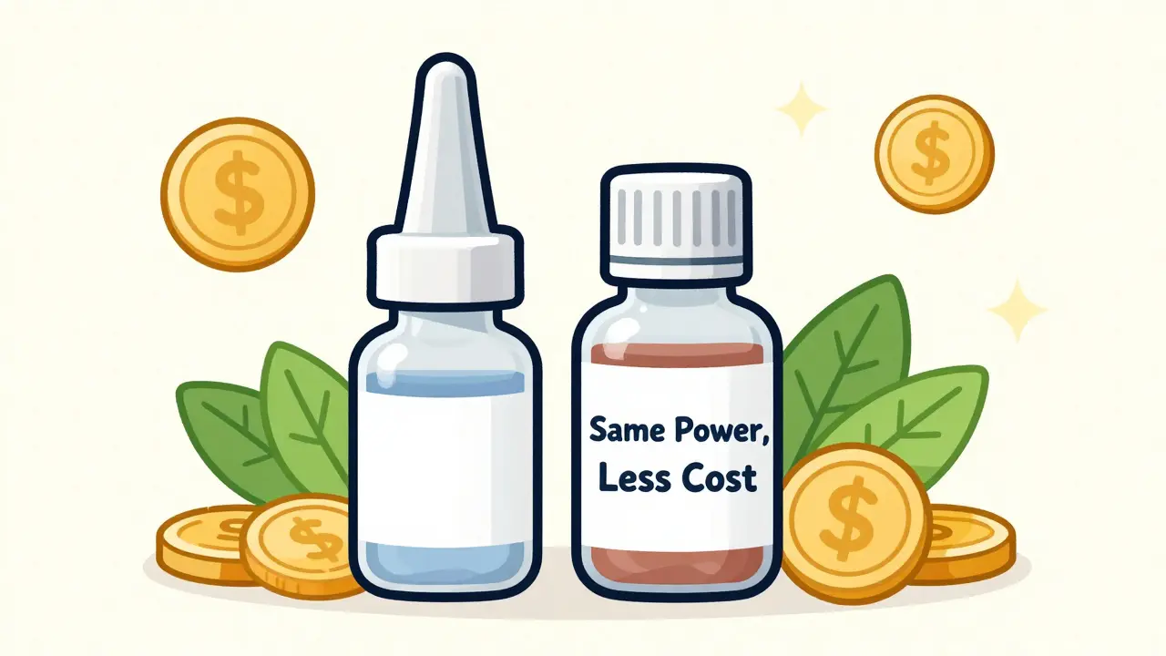 Cute illustration of generic eye drops saving money with coins.