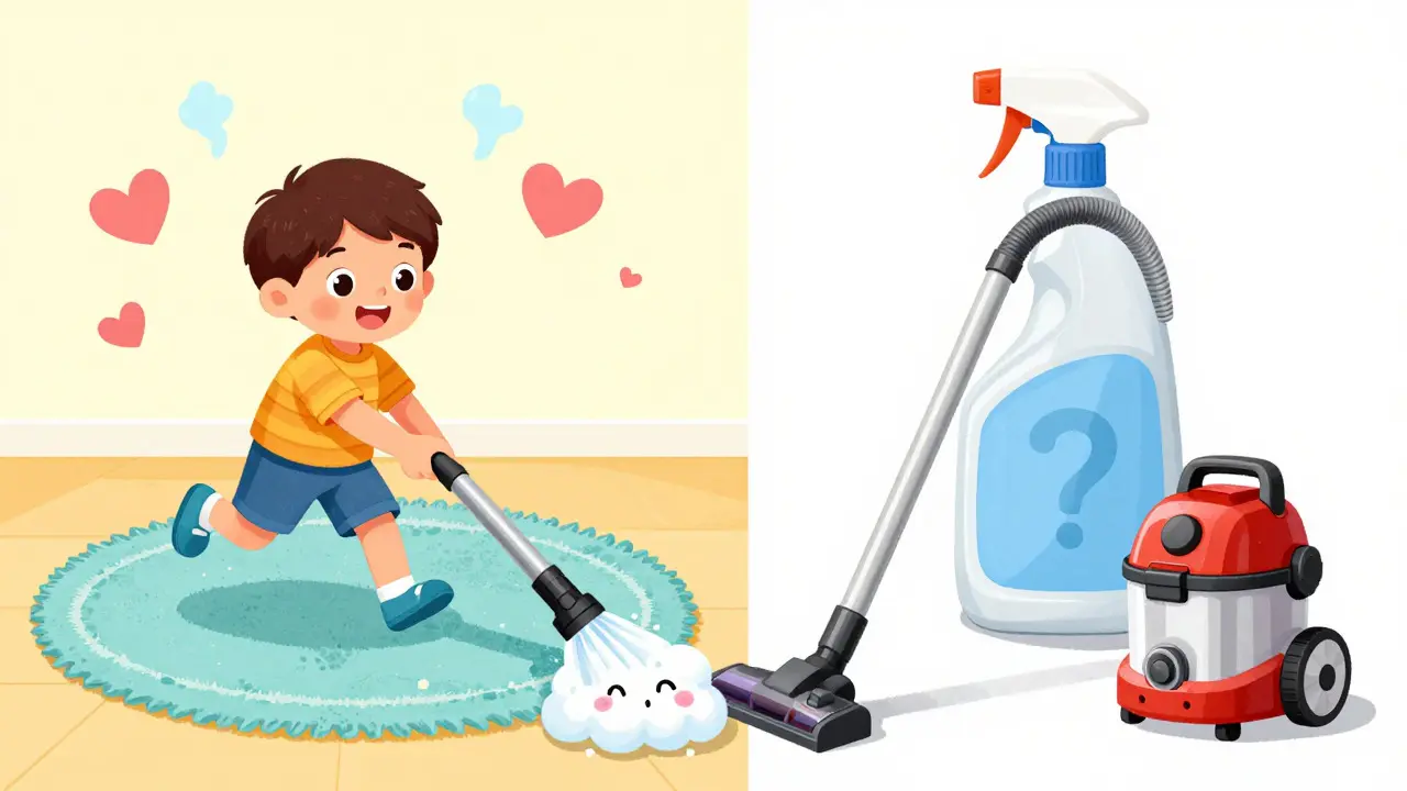 Happy child playing on clean carpet with a HEPA vacuum guardian nearby.