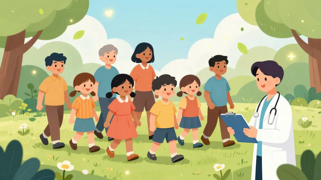 Happy people walking in a park, symbolizing heart health and treatment adherence.