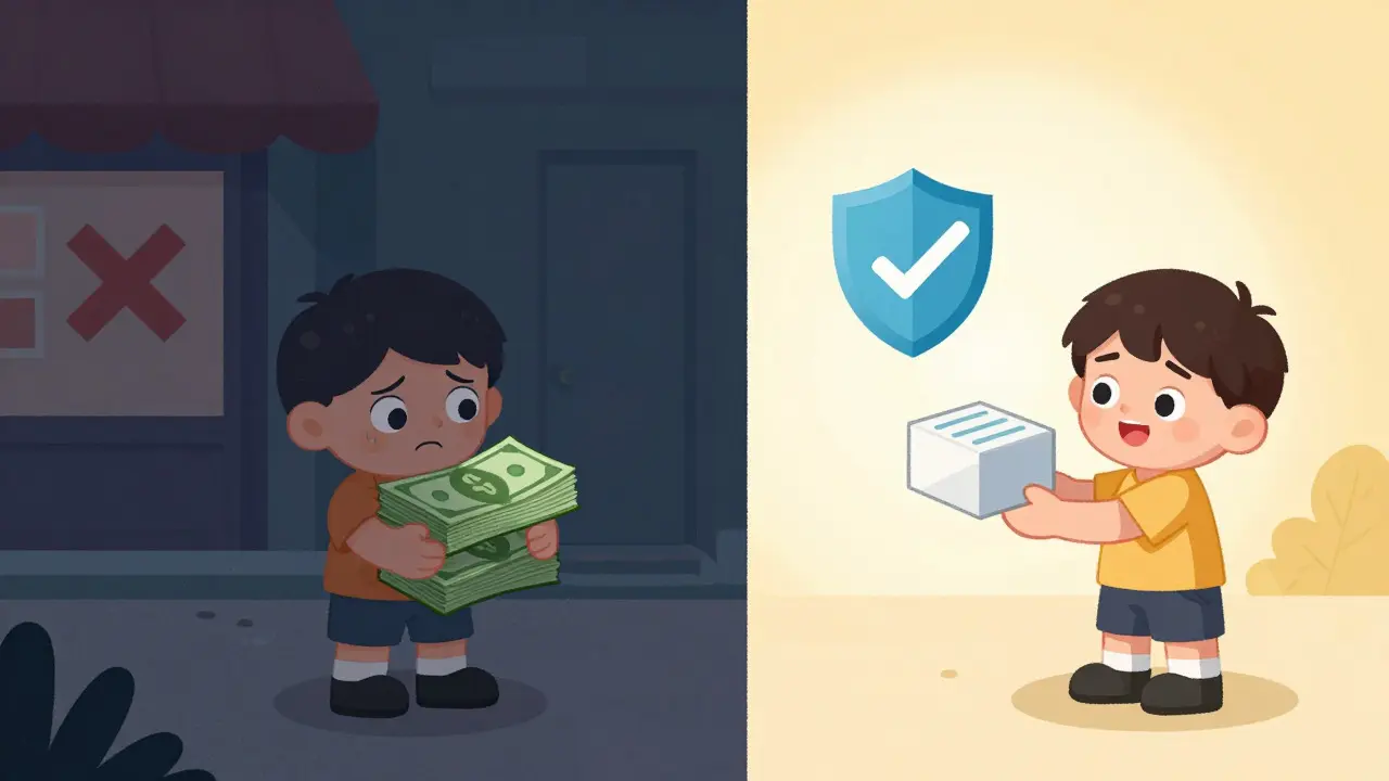 Illustration comparing expensive unsafe drugs vs affordable safe options