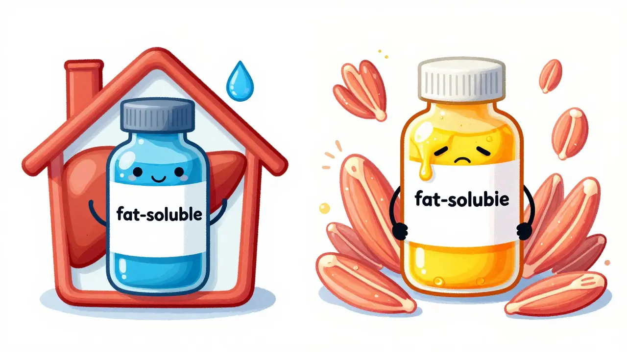 Illustration comparing water-soluble vs fat-soluble statins affecting muscles differently.