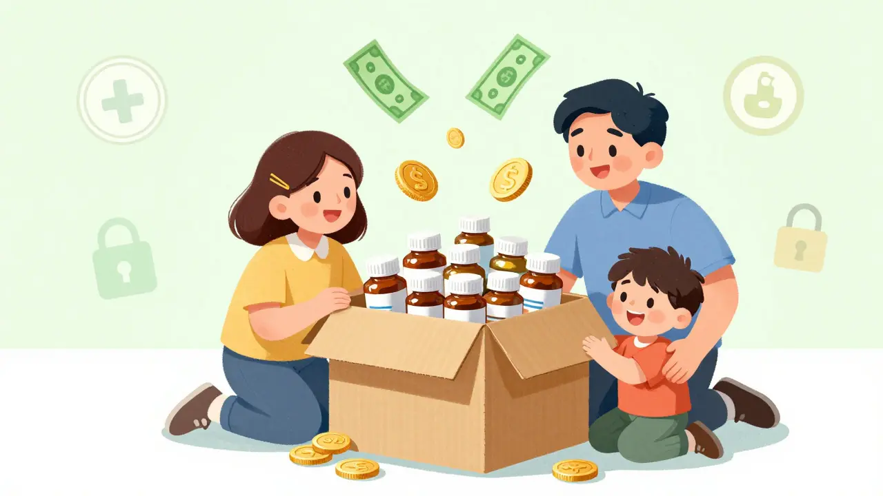 Illustration of a family saving money with discounted medication delivery.