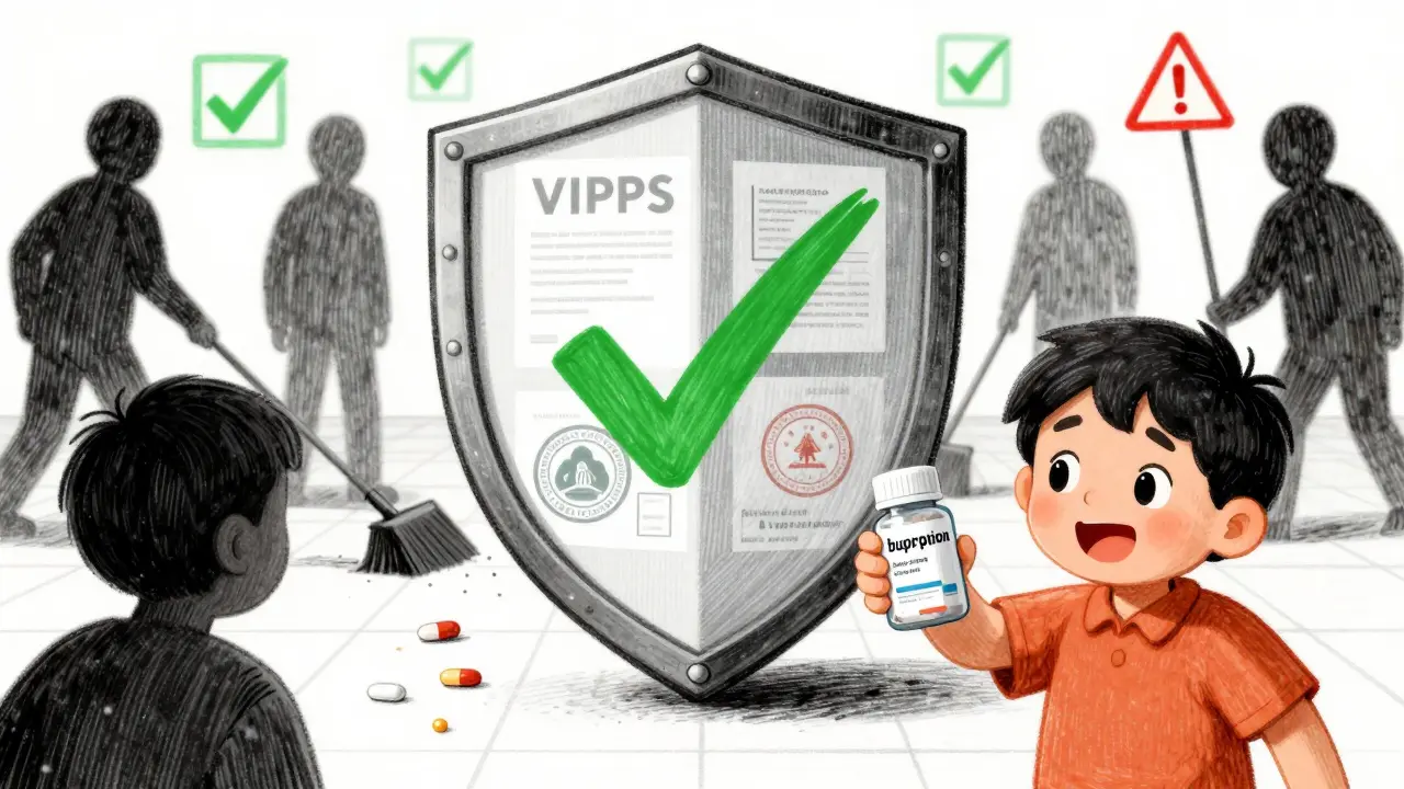 Illustration of a shield protecting against fake pharmacies while holding safe medication