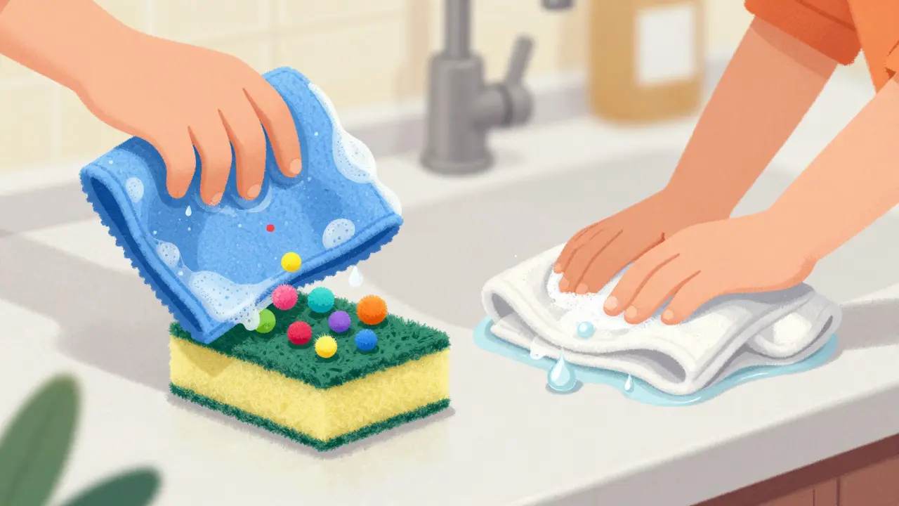 Illustration of microfiber cloths removing allergens from a kitchen counter surface.