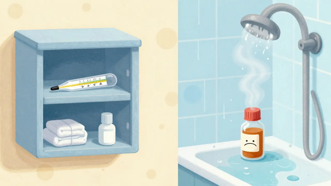Medicine stored correctly in bedroom vs humid bathroom