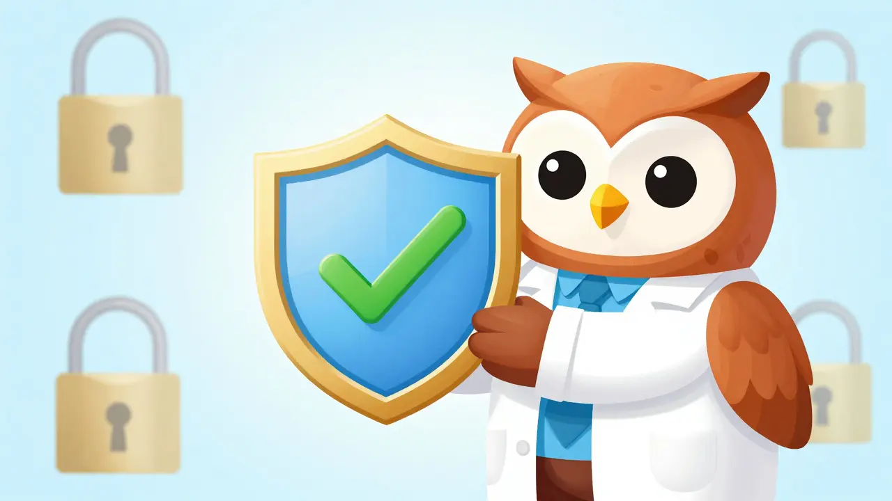 Owl pharmacist holding a safety verification shield