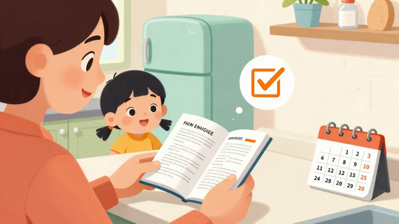 Parent checking medicine label and storage instructions