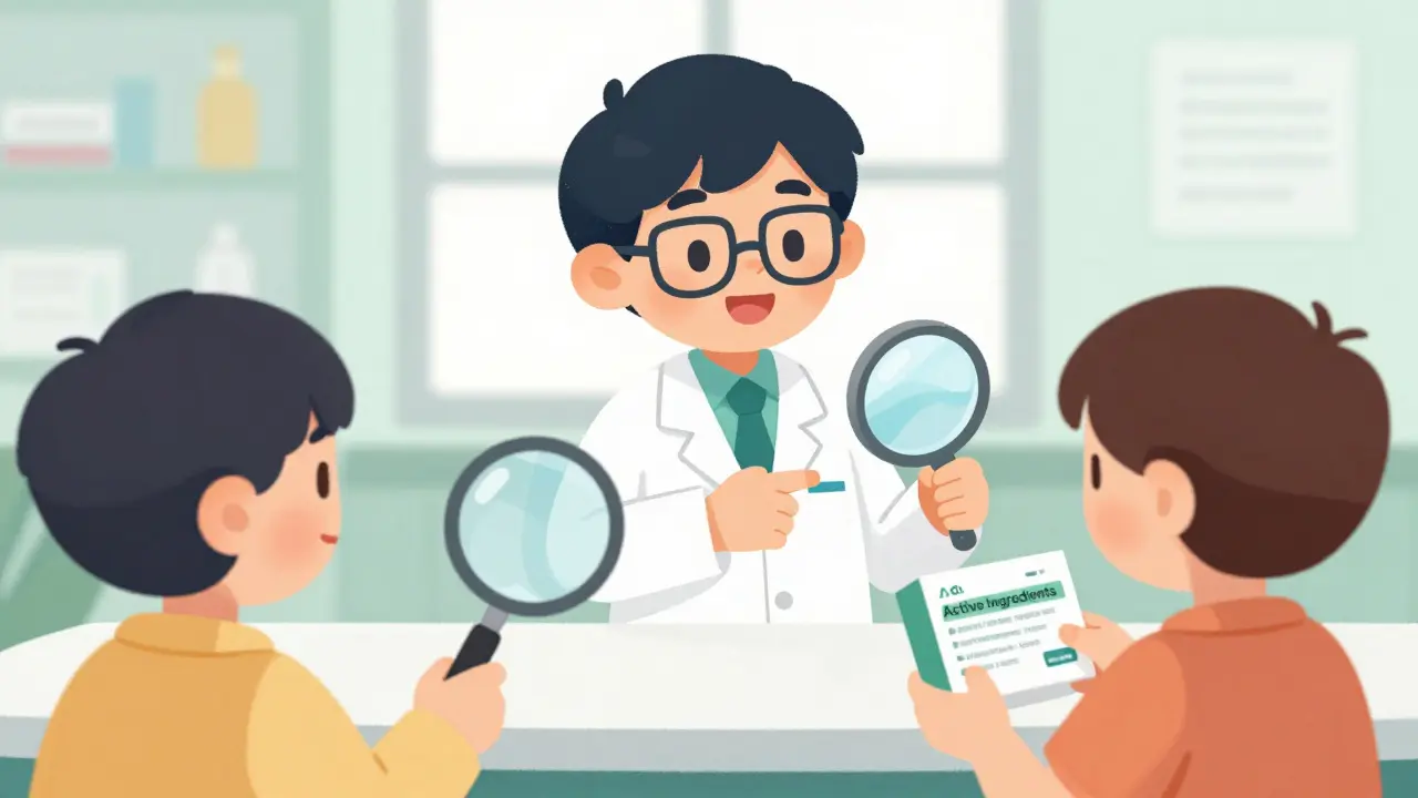Pharmacist advising a patient to read medication labels carefully
