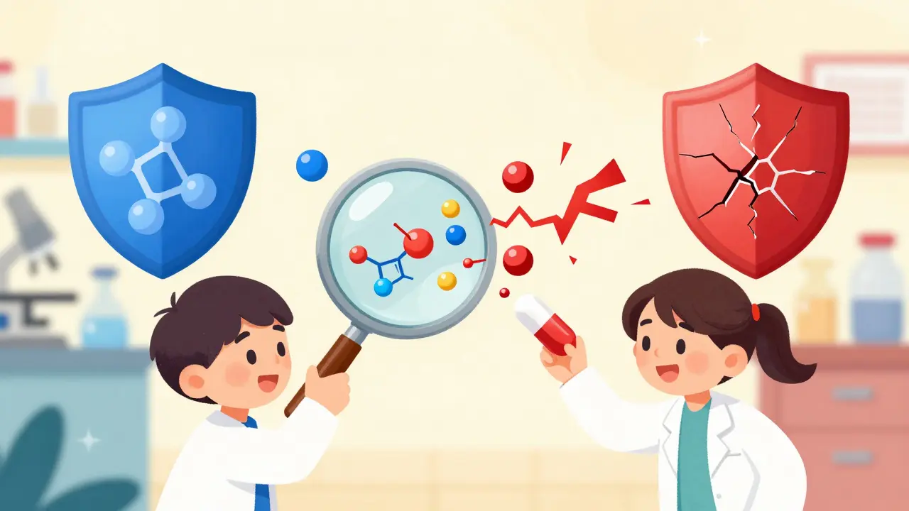 Scientists examining pill stability under magnifying glass