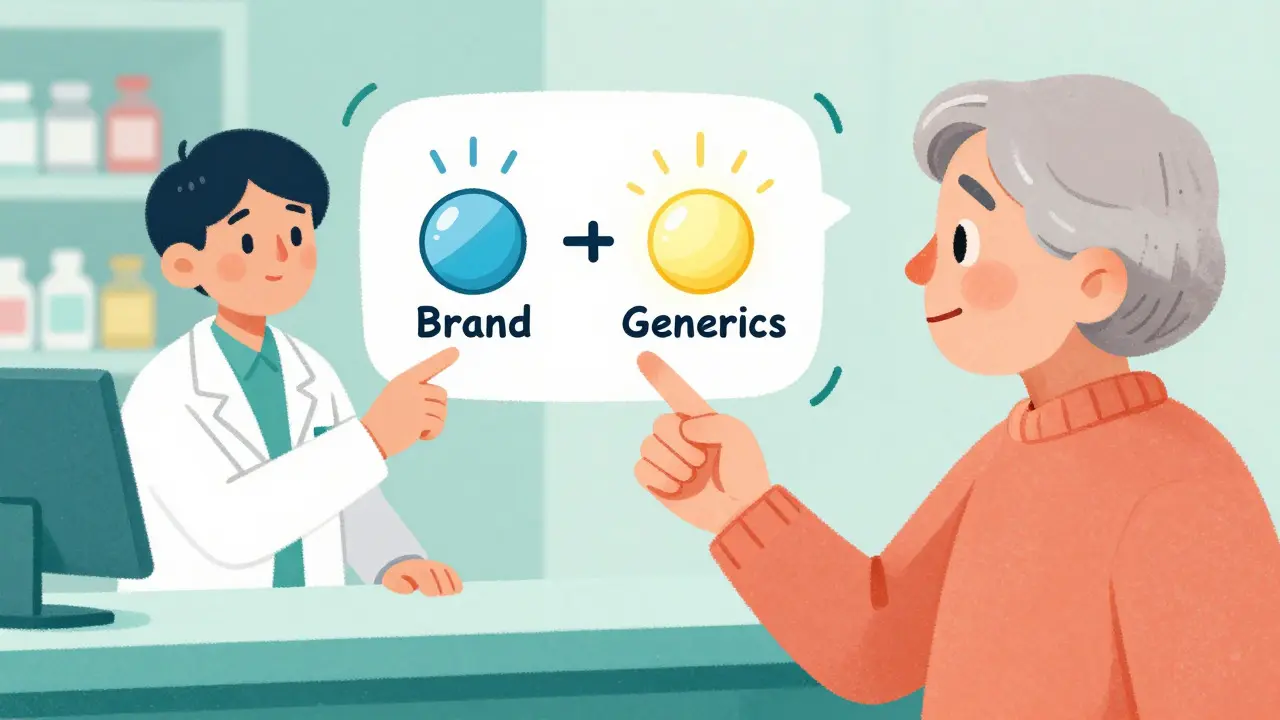 Cartoon depiction of a pharmacist explaining pill equivalence to a patient
