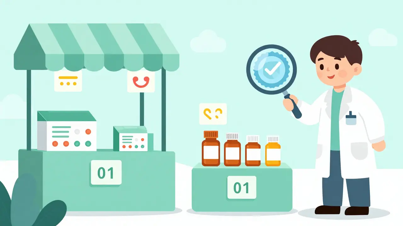 Cartoon depiction of a pharmacy marketplace with a pharmacist verifying a certification seal