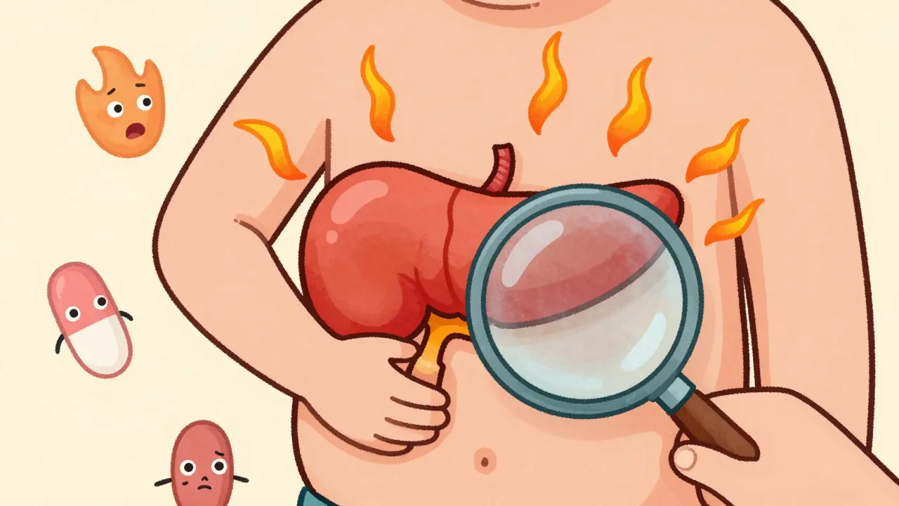 Cartoon depiction of an inflamed pancreas being examined under a magnifying glass