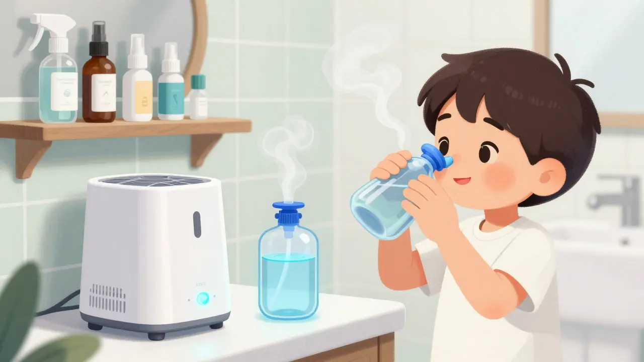 Character performing nasal saline irrigation with air purifier nearby