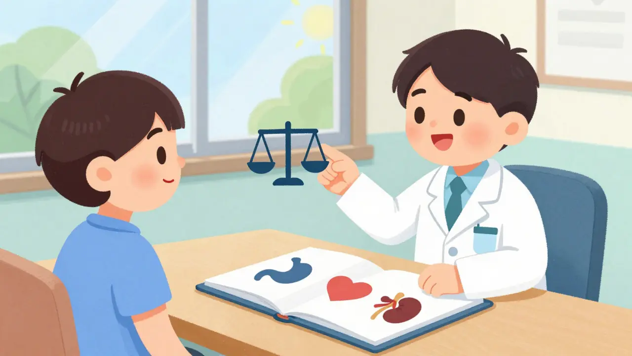 Doctor and patient discussing health risks and benefits with symbolic icons