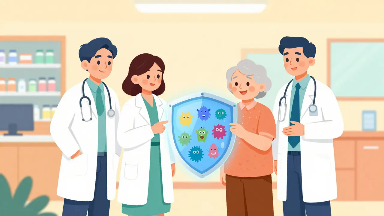 Doctor, pharmacist, and specialist working together to protect a patient from side effects
