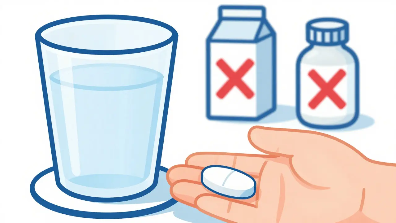 Hand holding water glass near pill, with icons showing what to avoid