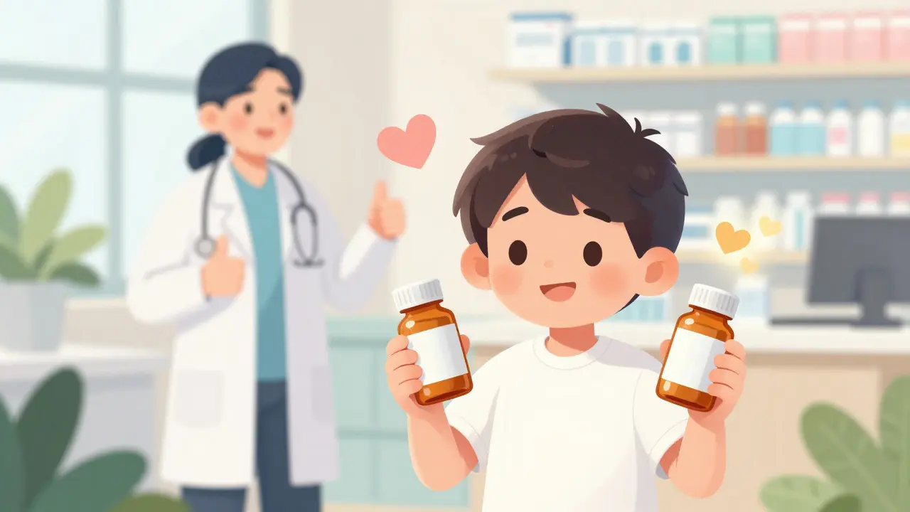 Happy patient holding two identical medicine bottles, symbolizing trust and savings
