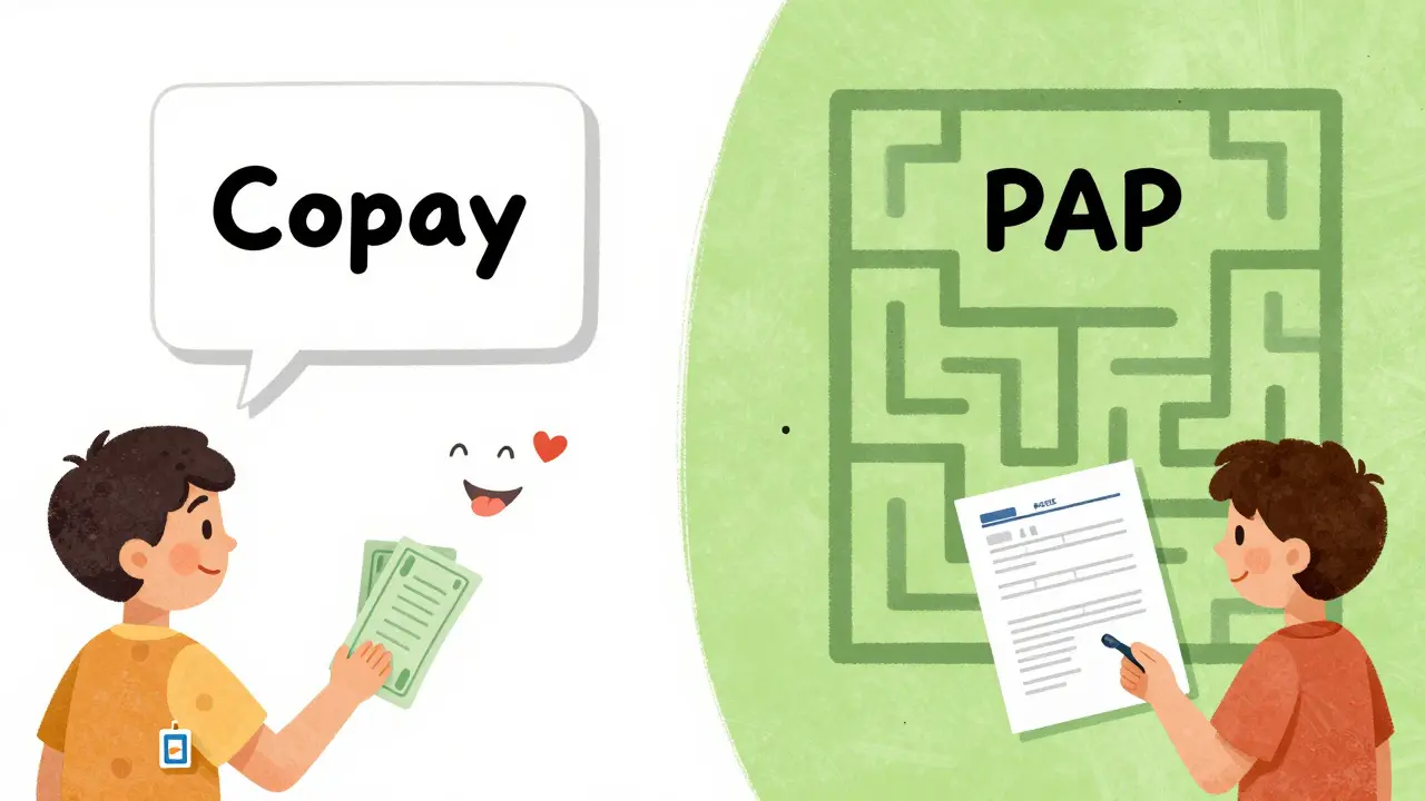 Illustration comparing copay cards for insured vs PAPs for uninsured patients.