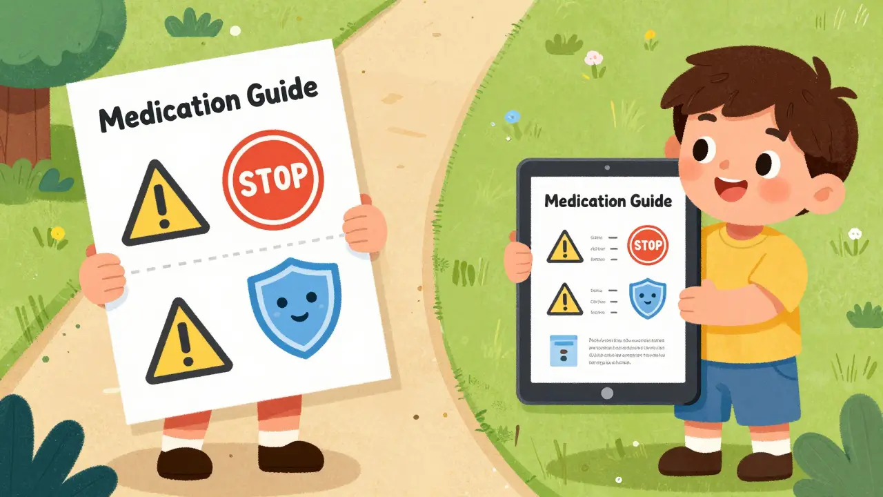Illustration comparing paper and digital medication safety guides