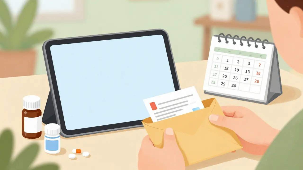 Illustration of a person preparing to order medication online with a calendar and pill bottles