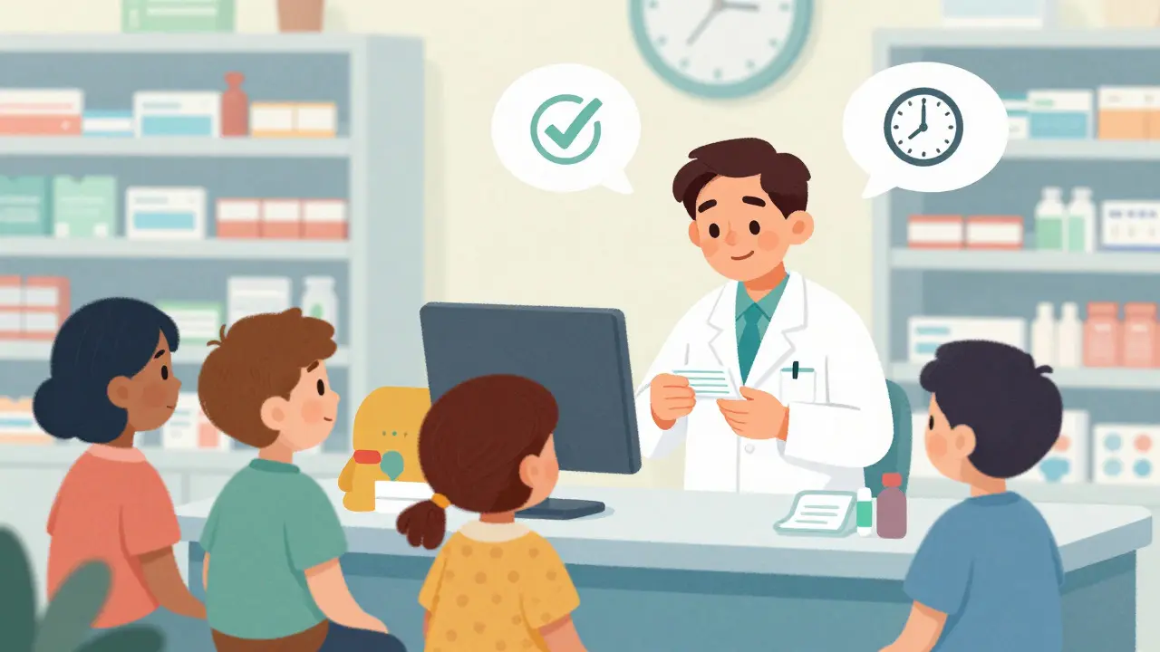 Illustration of a pharmacist counseling multiple patients in a busy pharmacy