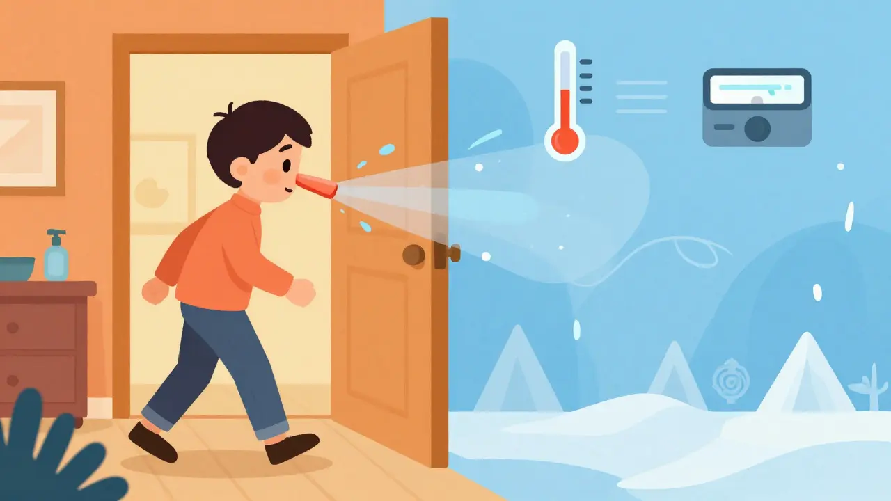 Illustration of nose reacting to temperature change between rooms