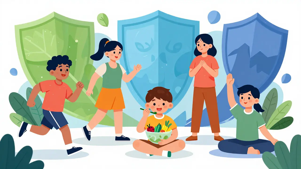Illustration of people exercising and eating healthy food to prevent disease.