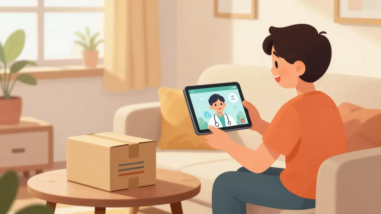 Person on video call with doctor, medicine package on table nearby