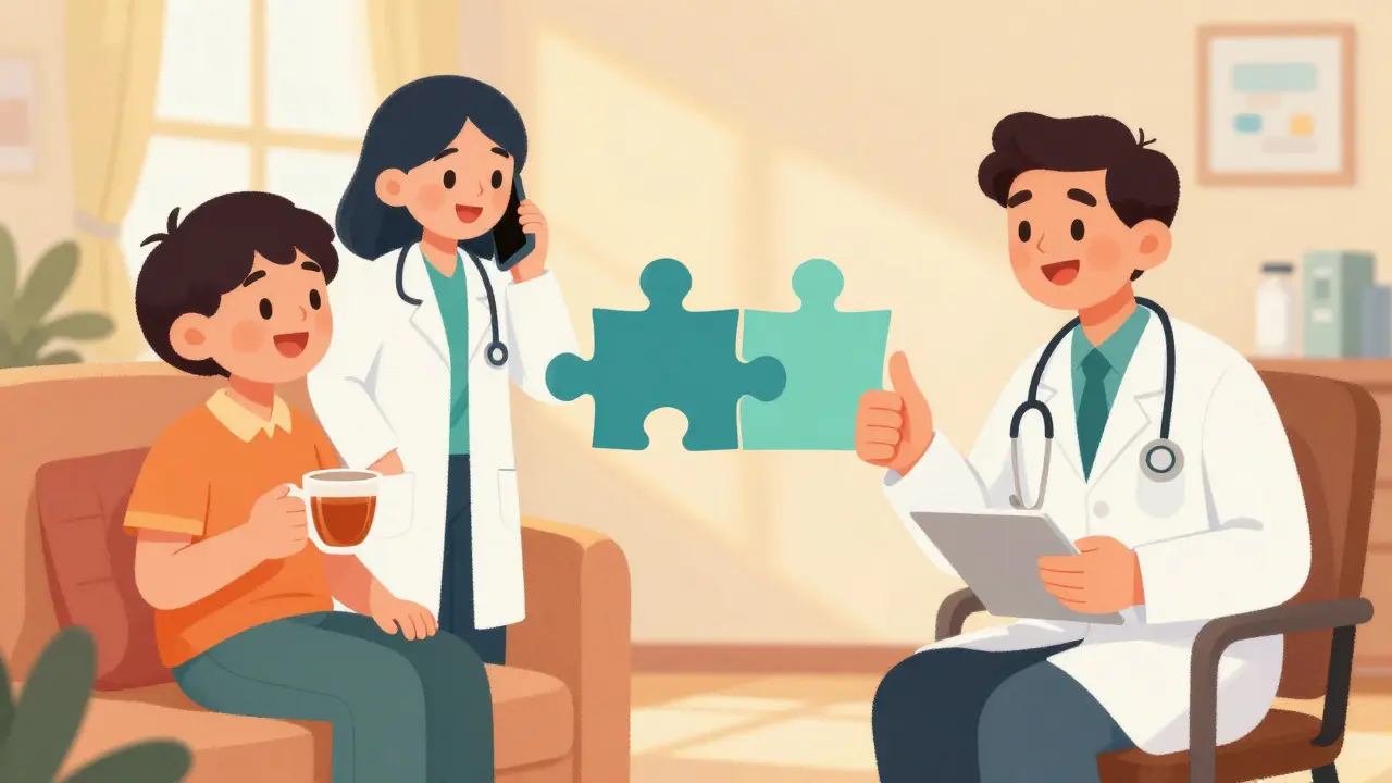Pharmacist calling a happy patient while a doctor approves a medication change