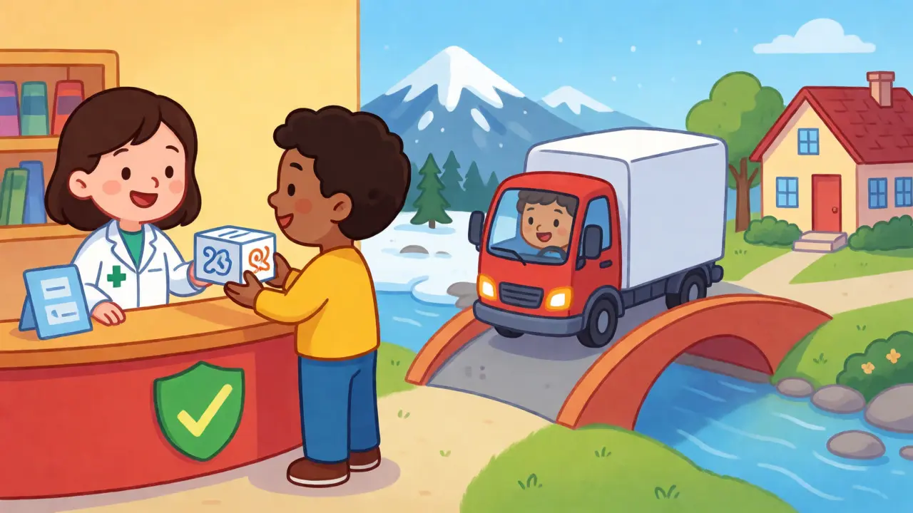 Cartoon path from certified pharmacy to home delivery