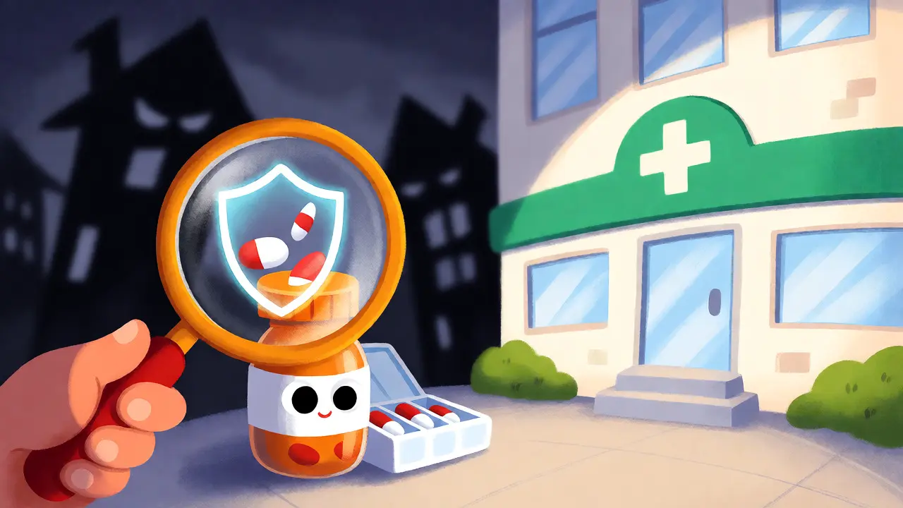 Magnifying glass inspecting pills for safety verification