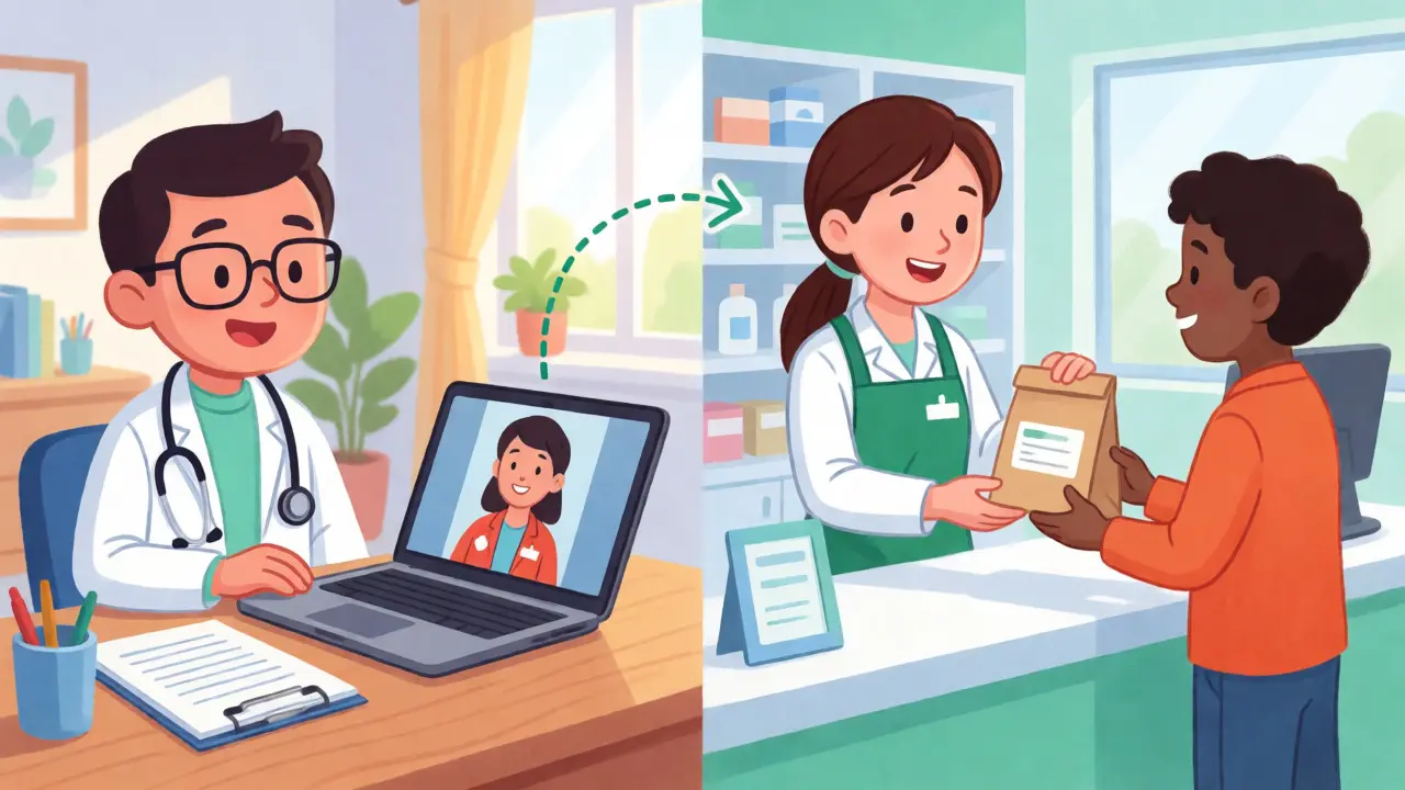 Psychiatrist on video call connecting to pharmacy pickup