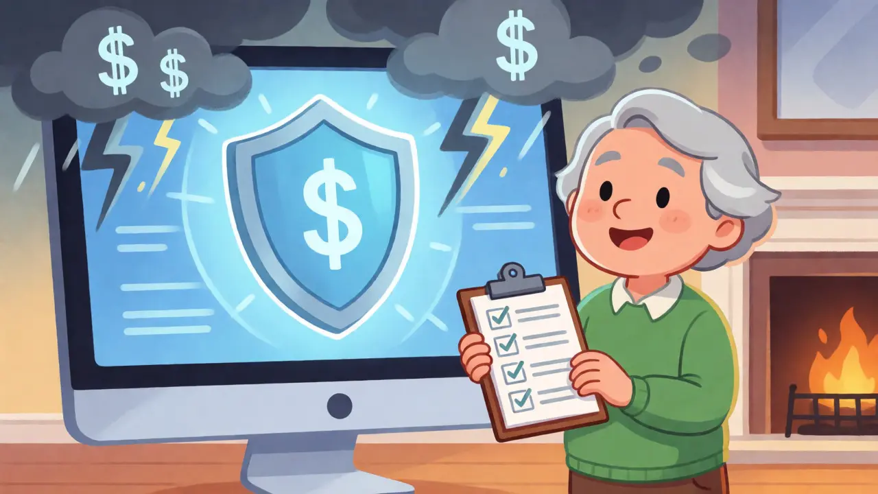 Senior citizen standing confidently behind a protective shield against costs.