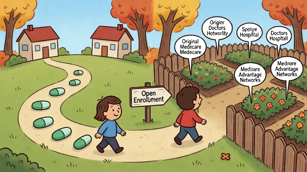 Split illustration comparing flexible vs. networked healthcare paths in fall.